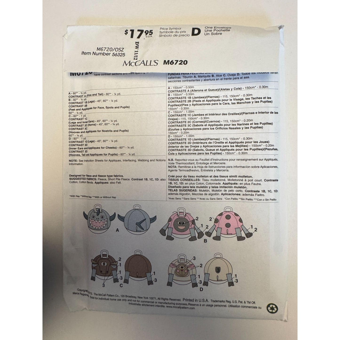 McCalls Sewing Pattern M6720 Hopping Ball Covers Shark Ladybug Moose Lamb Fleece