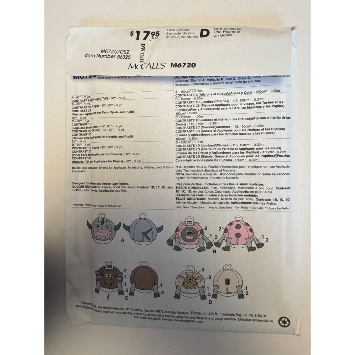 McCalls Sewing Pattern M6720 Hopping Ball Covers Shark Ladybug Moose Lamb Fleece