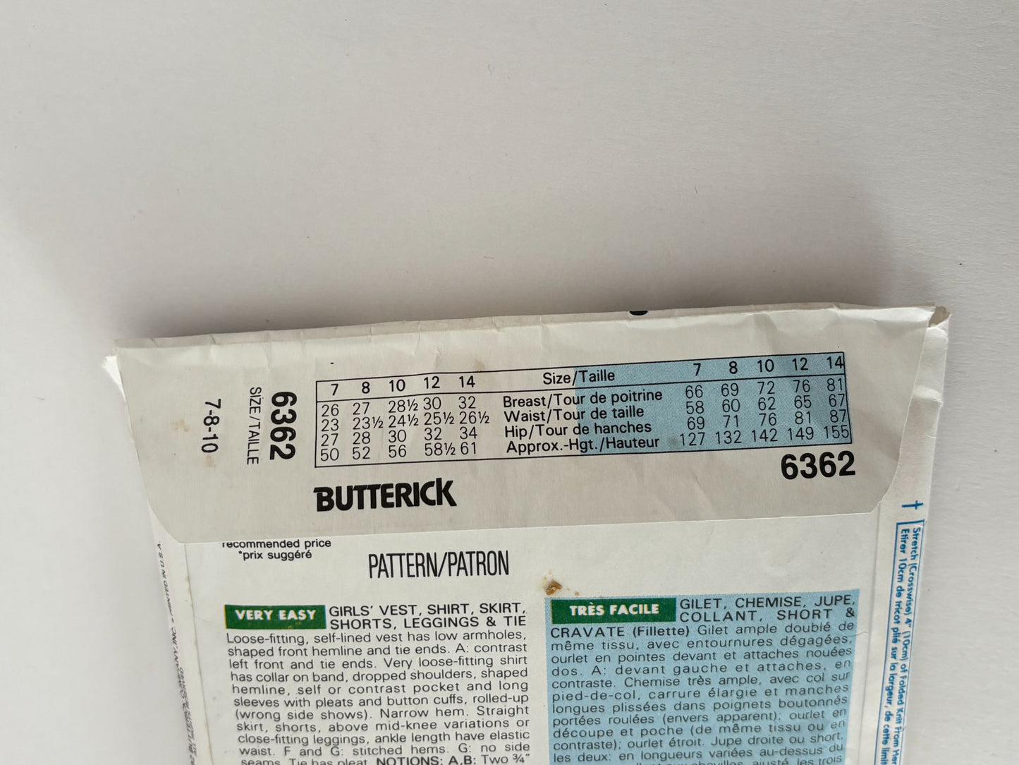 Butterick Sewing Pattern 6362: Girls' Vest, Shirt, Skirt, Shorts, Leggings and Tie
