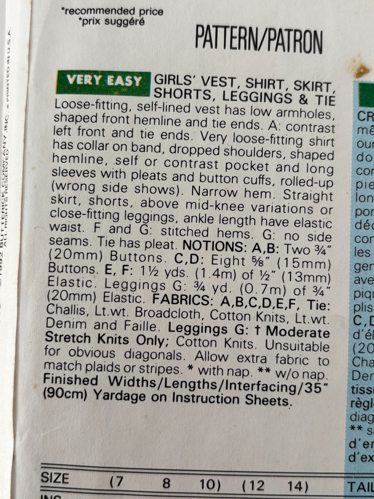 Butterick Sewing Pattern 6362: Girls' Vest, Shirt, Skirt, Shorts, Leggings and Tie