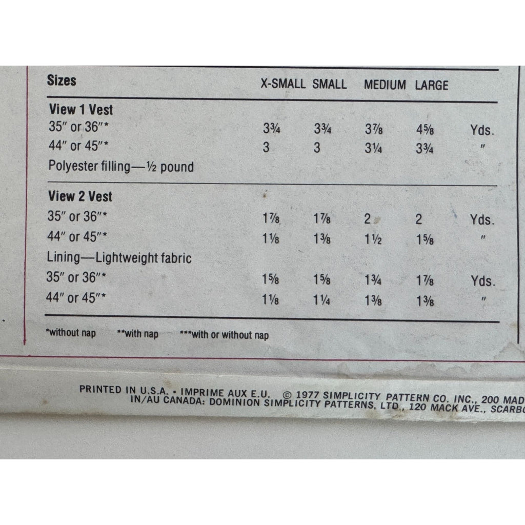 Simplicity Sewing Pattern 8123 Quilted Vests 1970s Outerwear Small Uncut Unisex