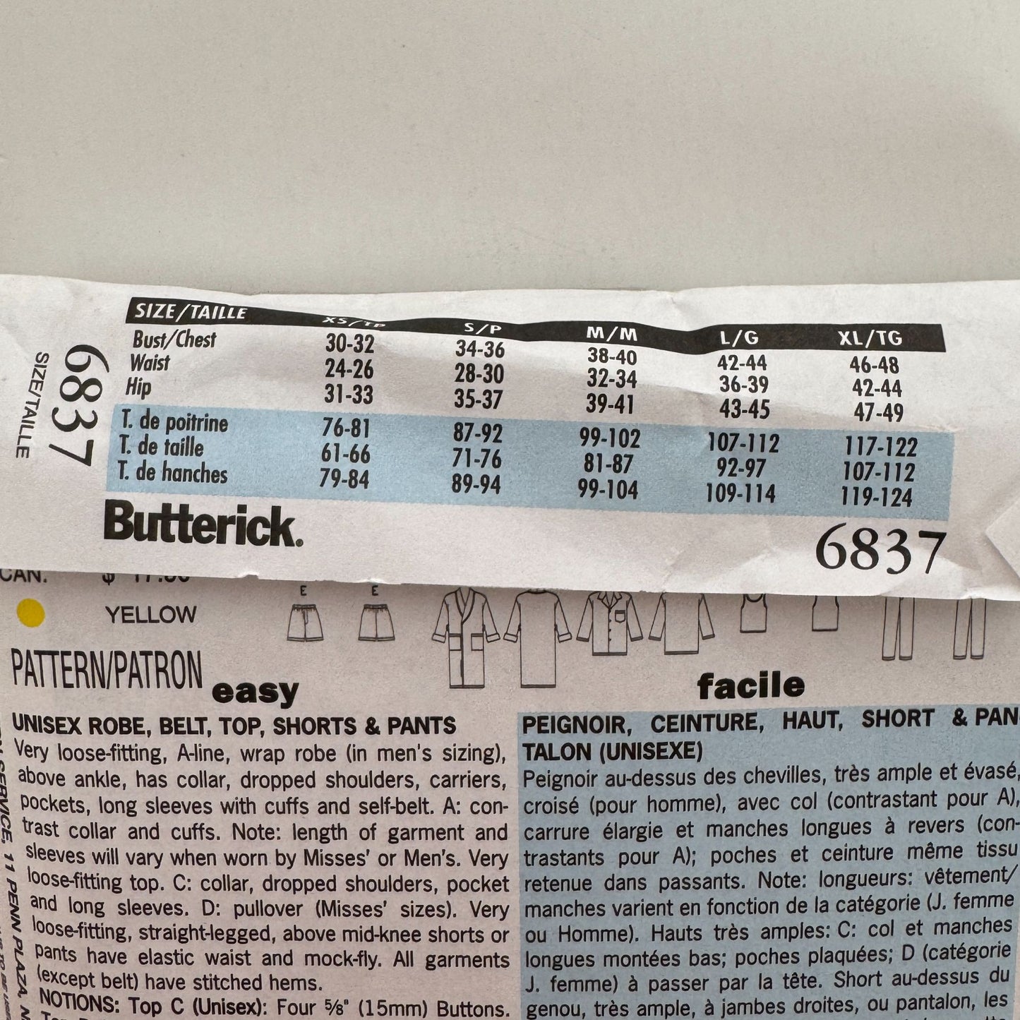 Butterick Sewing Pattern 6837 Robe Pajamas Top Shorts Pants Unisex Easy L XL UC