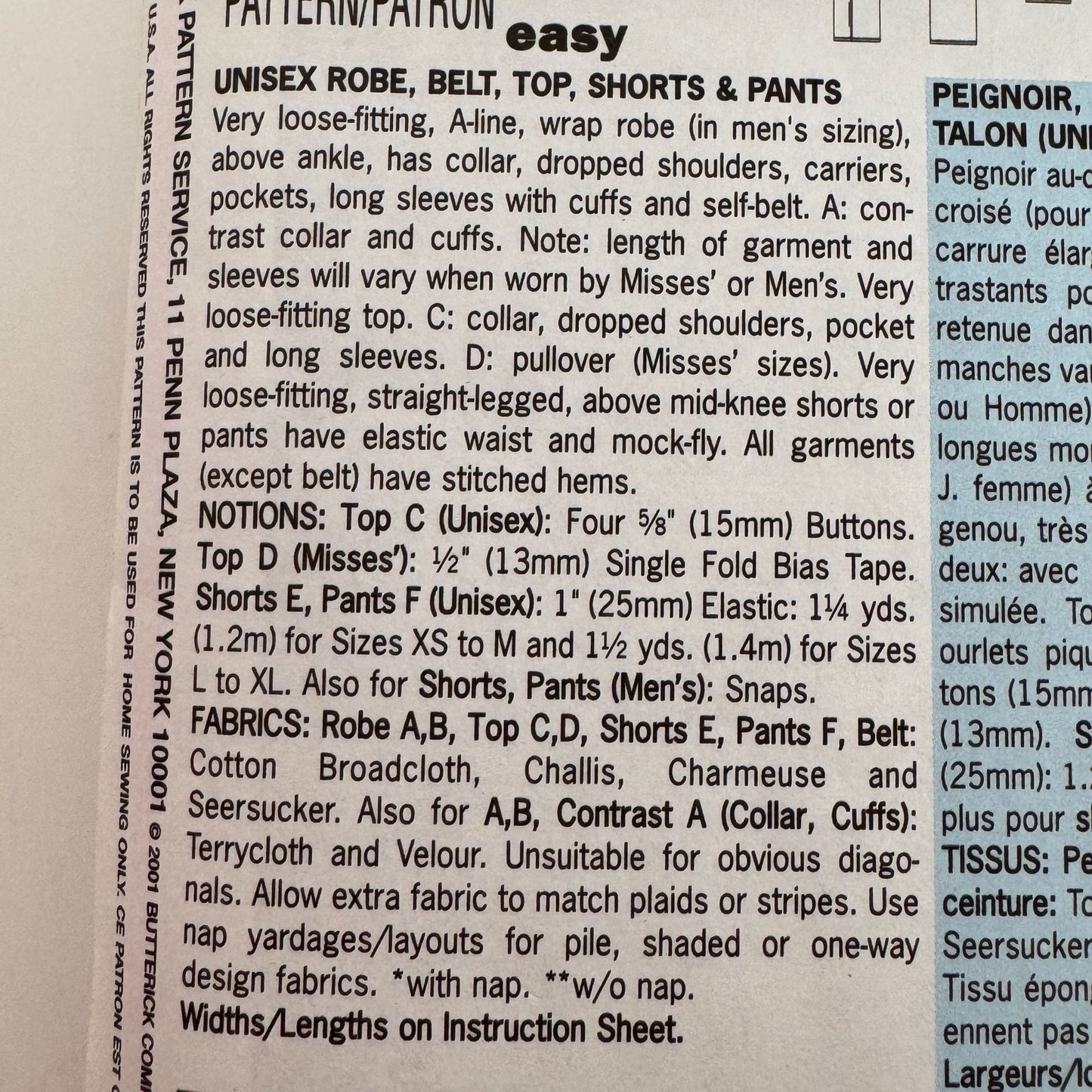 Butterick Sewing Pattern 6837 Robe Pajamas Top Shorts Pants Unisex Easy L XL UC