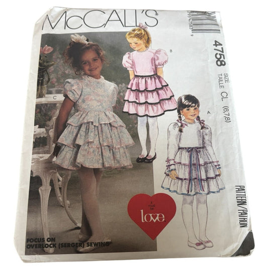 McCalls Sewing Pattern 4758 Girls Easter Dress Spring Ruffles Ruffle Tier 6-8 UC