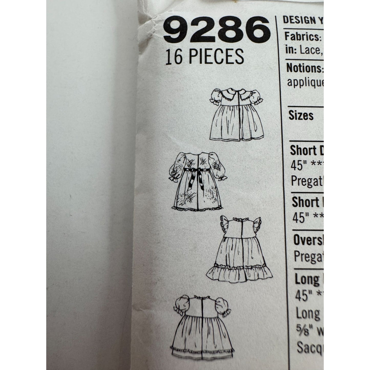 Simplicity Crafts Sewing Pattern 9286 Doll Clothes Dress Bonnet Clothing Uncut