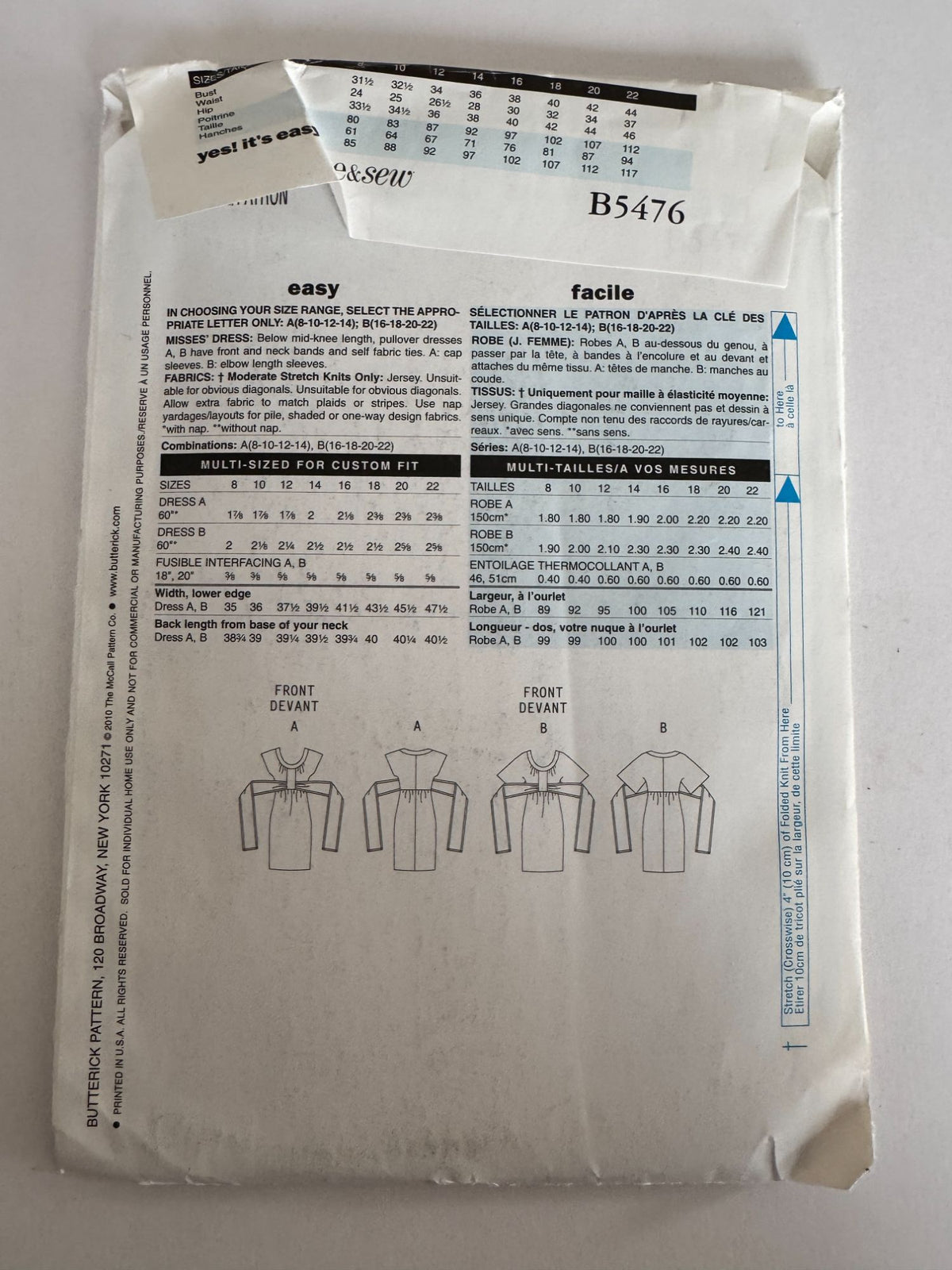 Butterick Sewing Pattern B5476 Knit Dress Empire Waist Modern Classic Easy 8-14