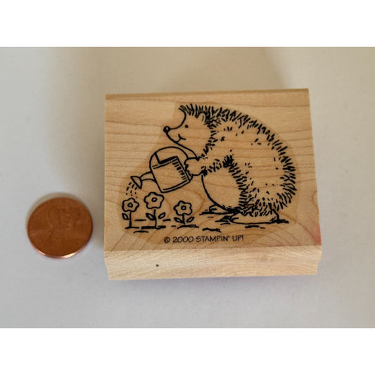 Stampin Up Rubber Stamp Hedgehog Watering Flowers Animal Gardener Grow Plants