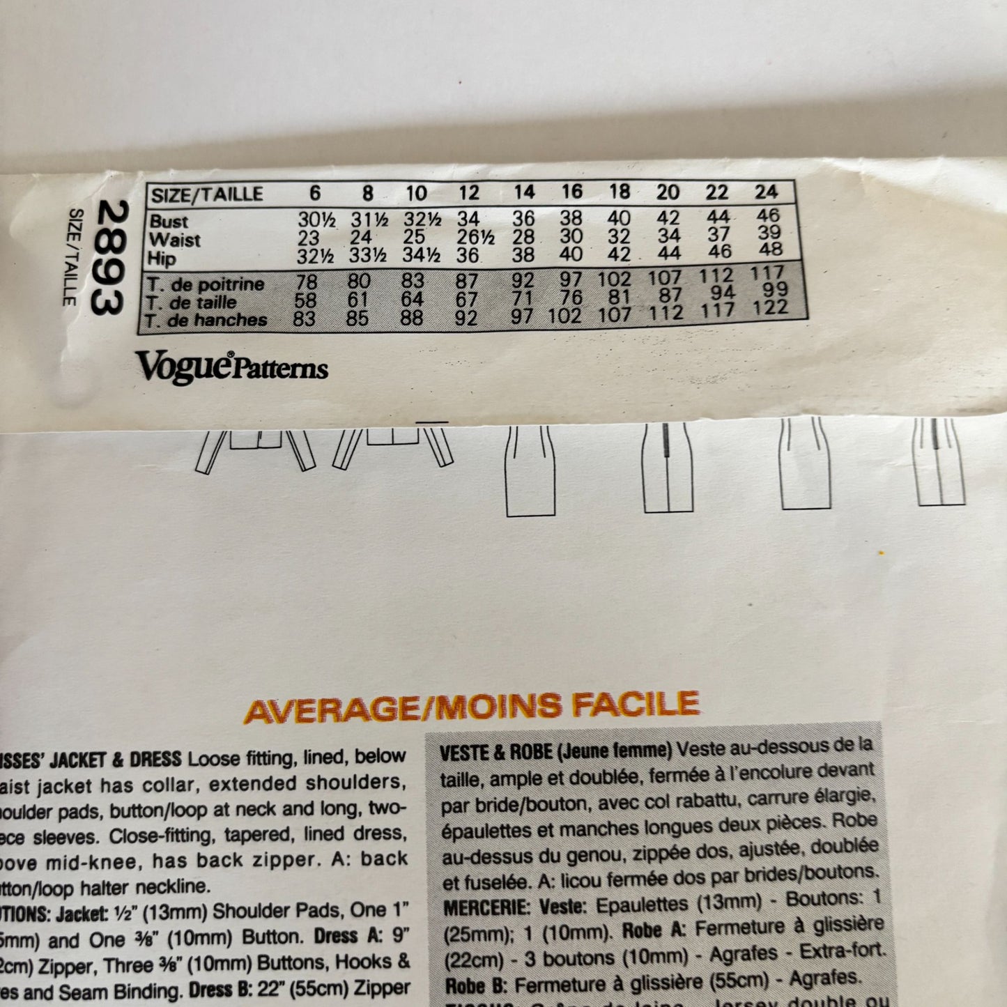 Vogue Sewing Pattern 2893 Ralph Lauren Dress Suit Jacket 12-16 Minimalist 90s Uncut