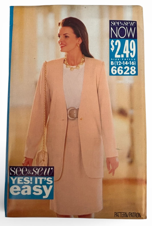 Butterick Sewing Pattern 6628 Jacket Skirt Suit Set 1990s Easy 12 14 16 Vtg UC