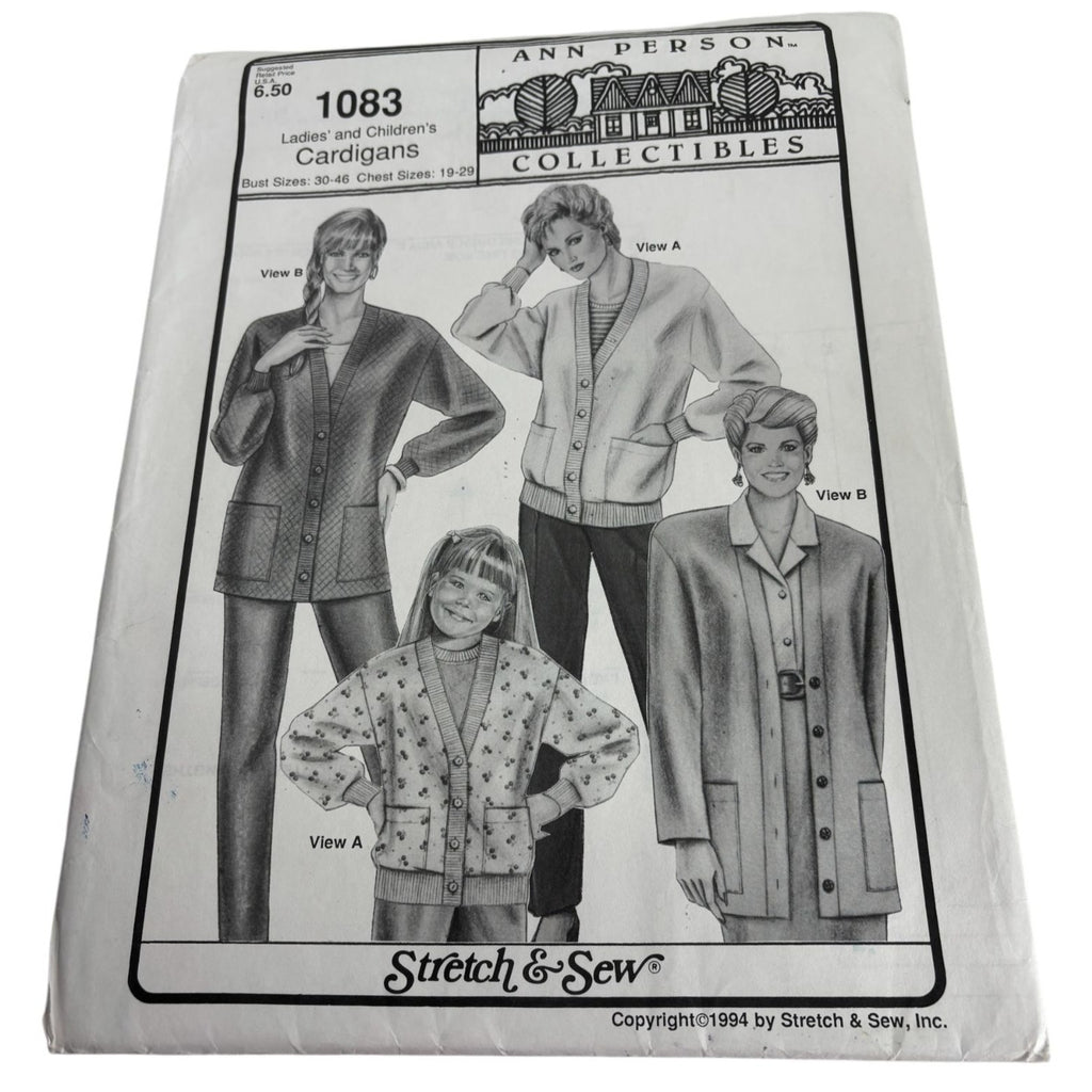 Stretch and Sew Sewing Pattern 1083 Ladies Childrens Cardigans Sweaters Uncut