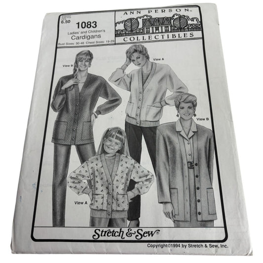 Stretch and Sew Sewing Pattern 1083 Ladies Childrens Cardigans Sweaters Uncut