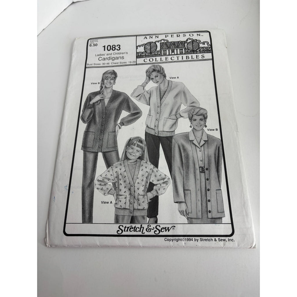 Stretch and Sew Sewing Pattern 1083 Ladies Childrens Cardigans Sweaters Uncut