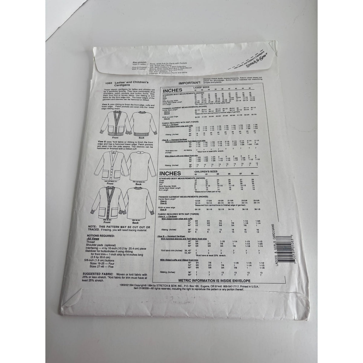 Stretch and Sew Sewing Pattern 1083 Ladies Childrens Cardigans Sweaters Uncut