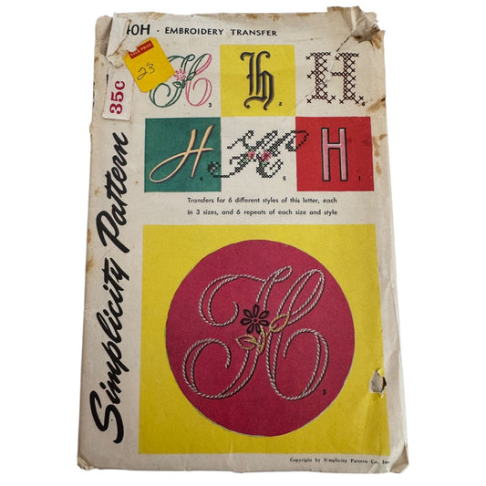 Simplicity Embroidery Transfer Patterns 4040 H Letter H 6 Styles Vintage 1952