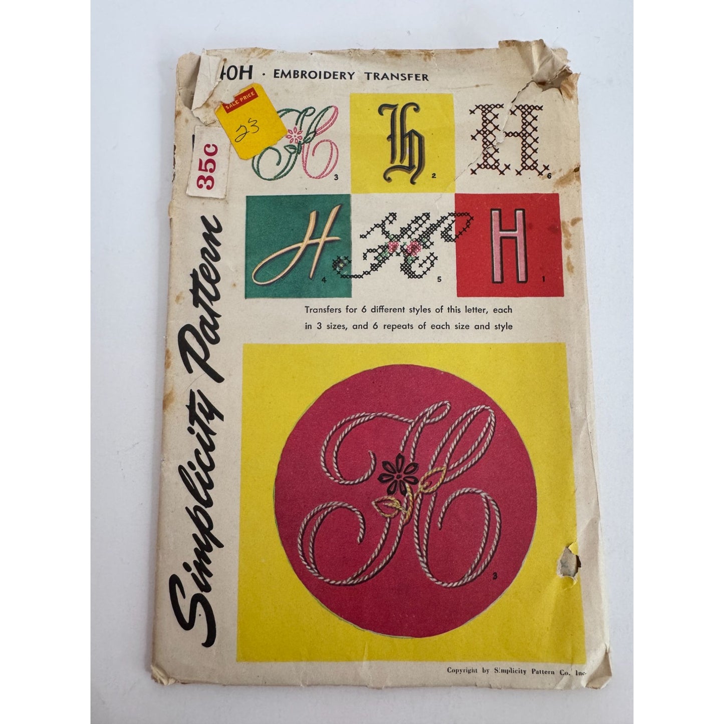 Simplicity Embroidery Transfer Patterns 4040 H Letter H 6 Styles Vintage 1952