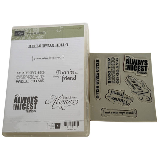 Stampin Up Clear Mount Rubber Stamp Set Happy Greetings Guess Who Loves You Word