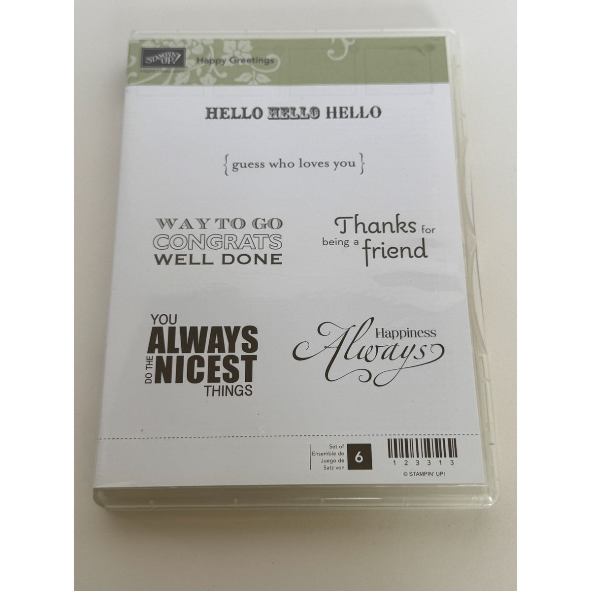 Stampin Up Clear Mount Rubber Stamp Set Happy Greetings Guess Who Loves You Word