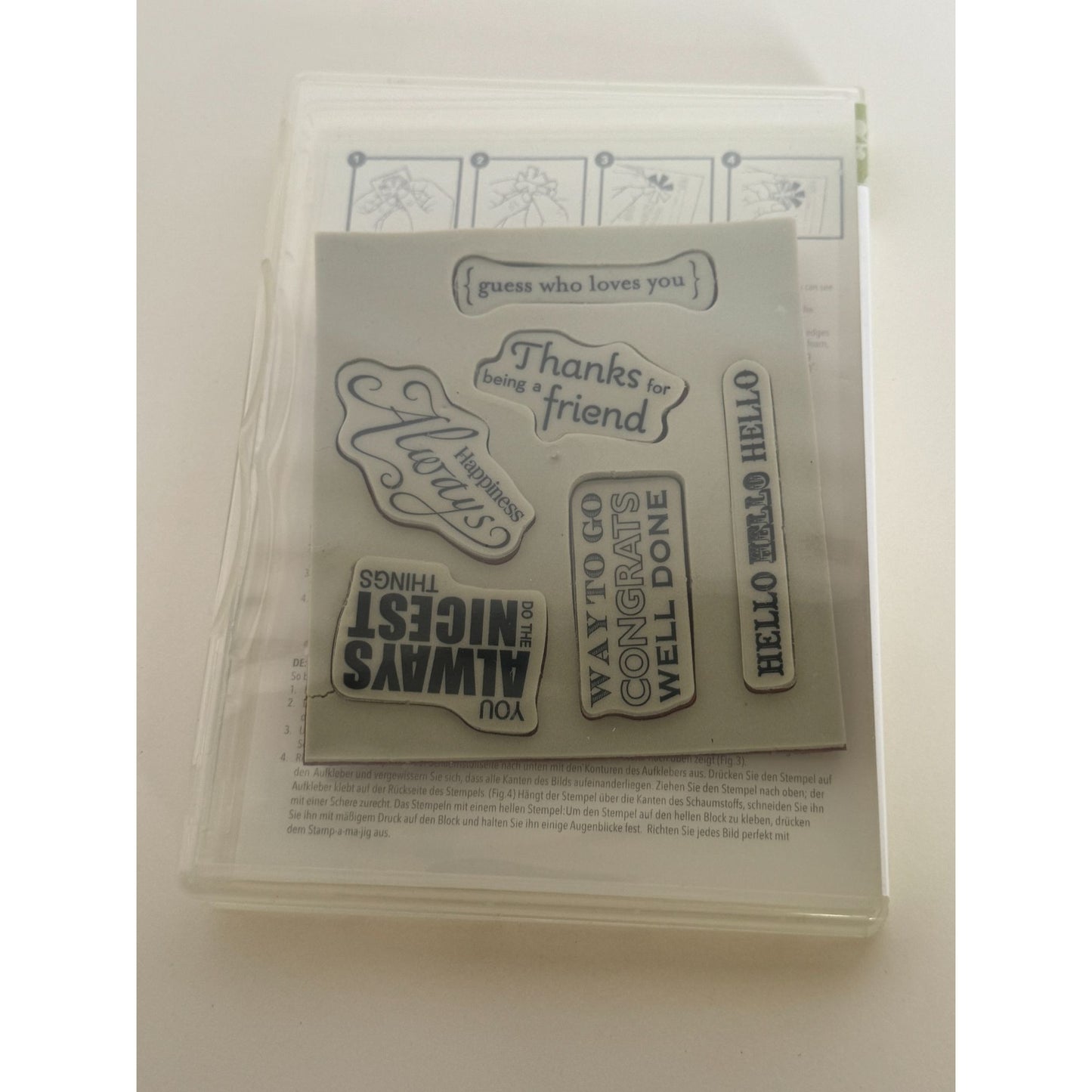 Stampin Up Clear Mount Rubber Stamp Set Happy Greetings Guess Who Loves You Word