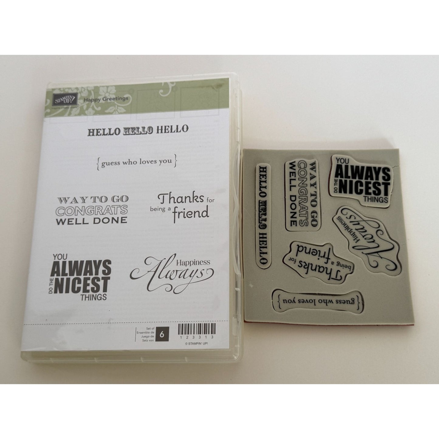 Stampin Up Clear Mount Rubber Stamp Set Happy Greetings Guess Who Loves You Word