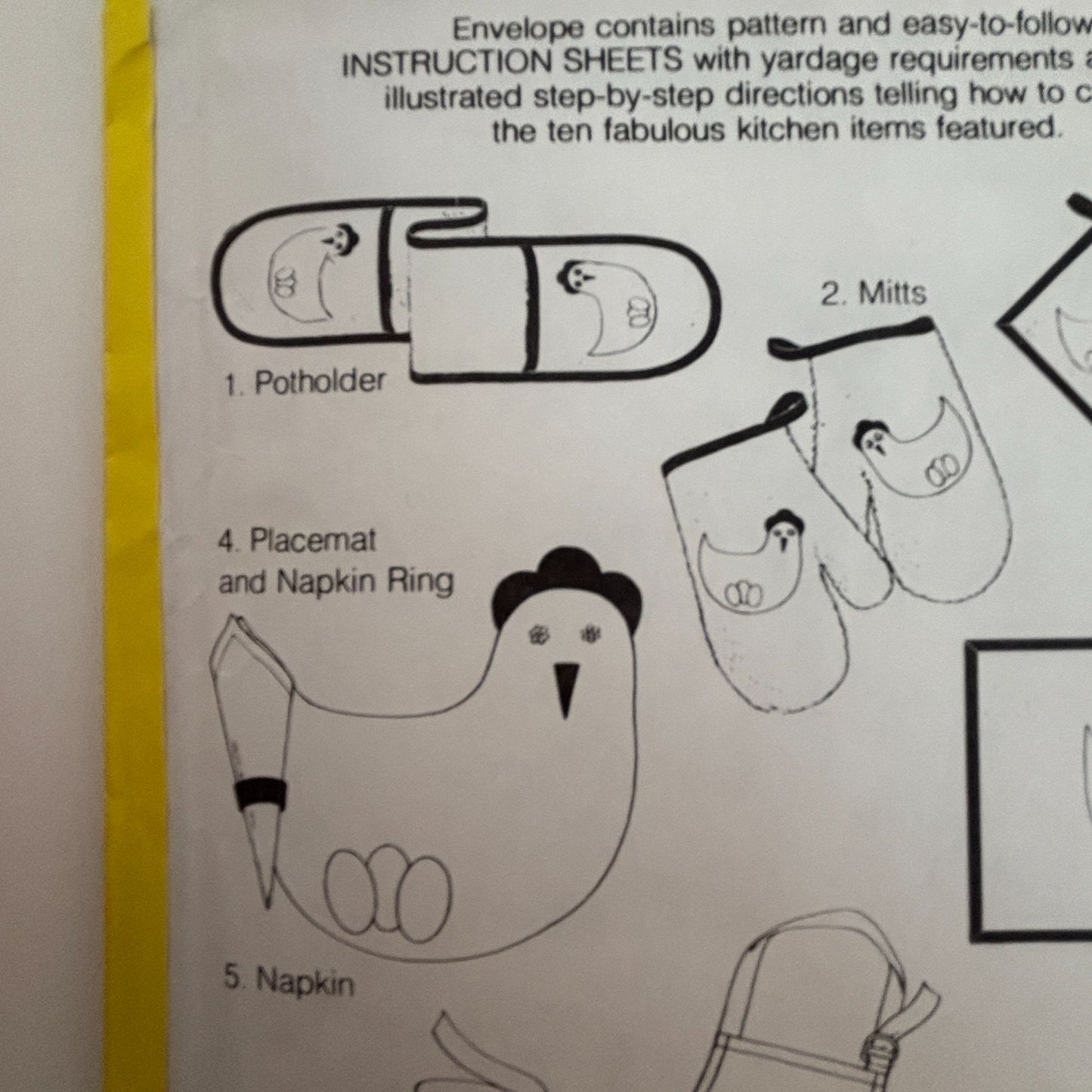 Simplicity House Sewing Pattern 124 Chicken Kitchen Apron Mitts Placemats Napkin