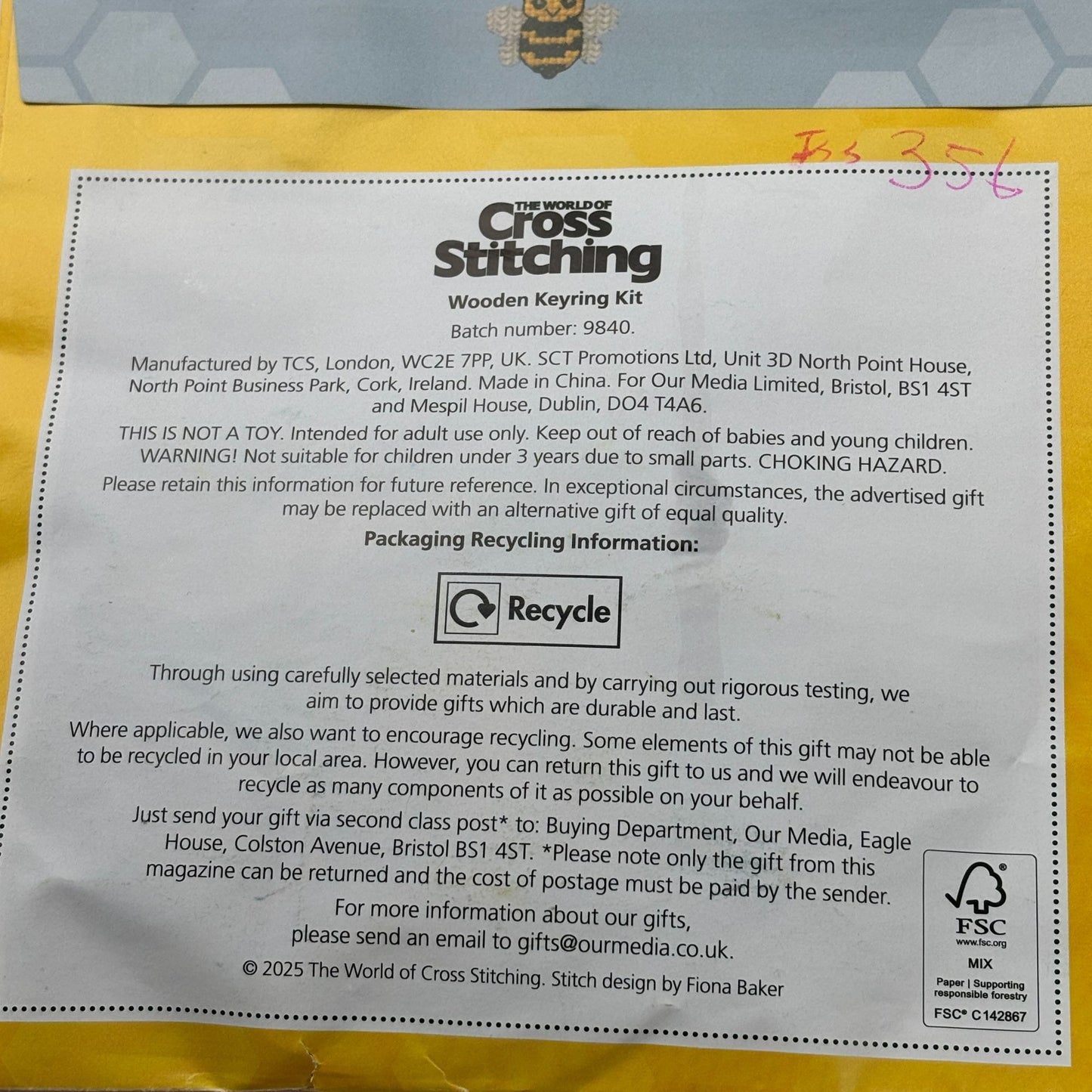 The World of Cross Stitching Keyring Cross Stitch Kit Buzzy Bee Beginner Easy Project Fast