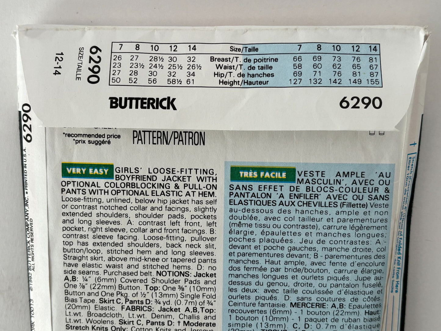 Butterick Sewing Pattern 6290 Blazer Jacket Pants 1990s School Girls 12 14 Uncut