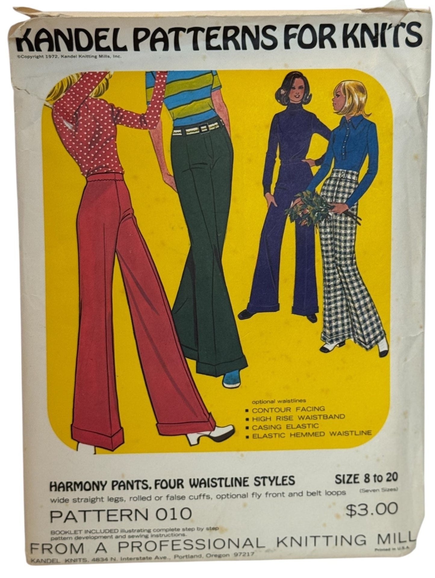 Kandel Sewing Pattern 10 Harmony Pants 8-20 Wide Straight Leg Rolled 1970s Uncut