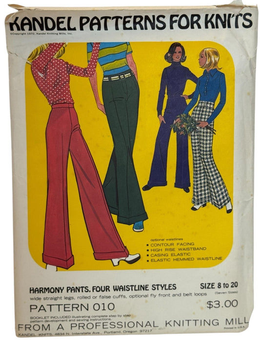 Kandel Sewing Pattern 10 Harmony Pants 8-20 Wide Straight Leg Rolled 1970s Uncut