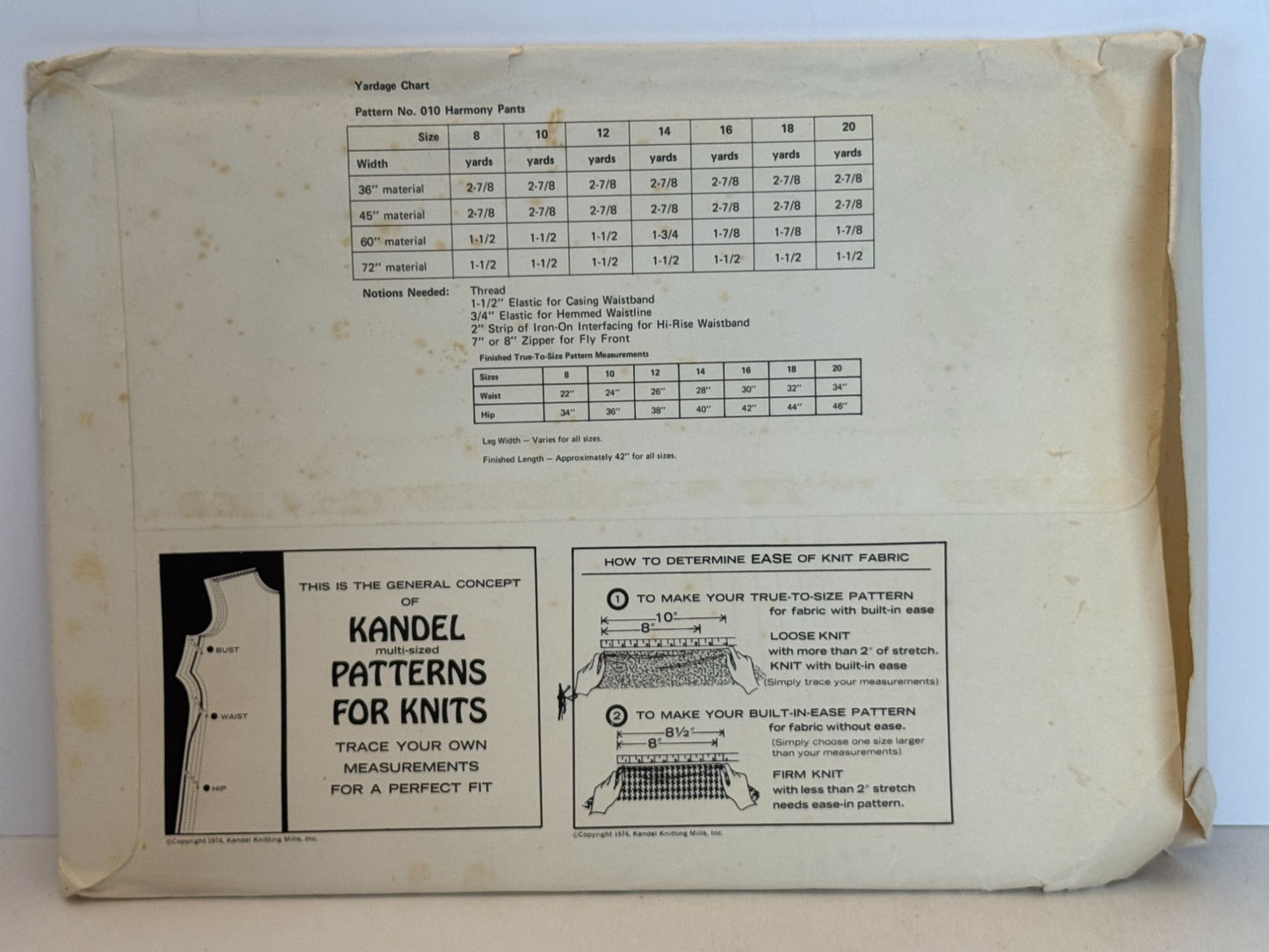 Kandel Sewing Pattern 10 Harmony Pants 8-20 Wide Straight Leg Rolled 1970s Uncut