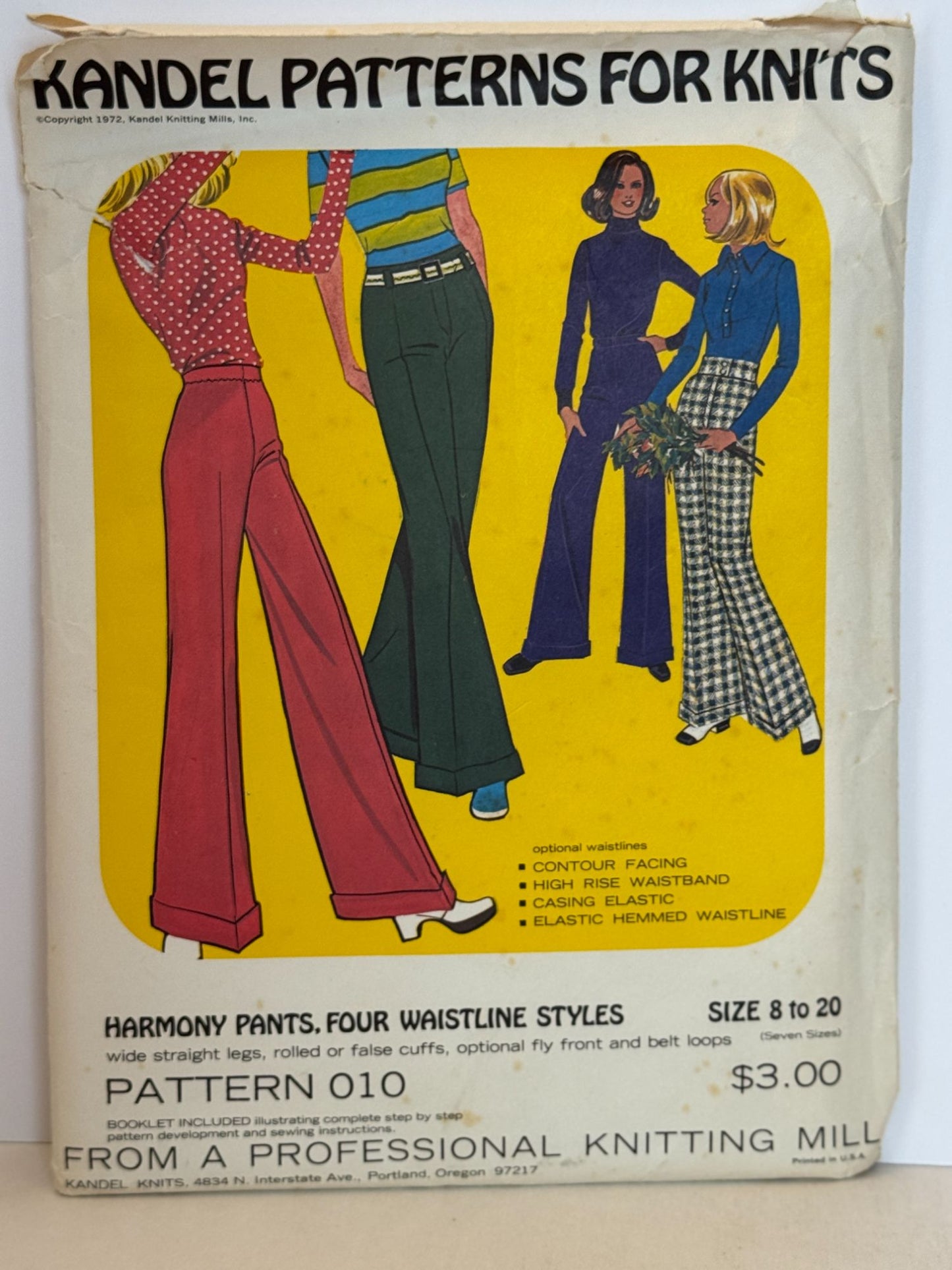 Kandel Sewing Pattern 10 Harmony Pants 8-20 Wide Straight Leg Rolled 1970s Uncut