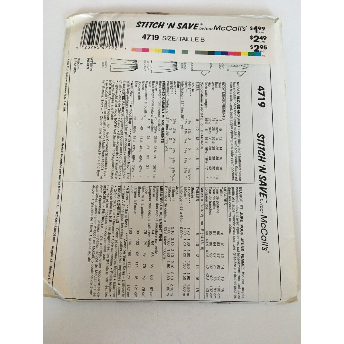 McCalls 4719 Sewing Pattern Blouse Skirt Outfit Stitch N Save Vtg 14 16 18 UC