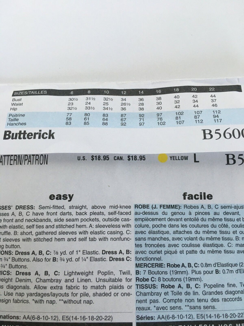 Butterick Sewing Pattern B5600 Utility Shirt-Dress Dress 6-12 Easy Ruffle Uncut