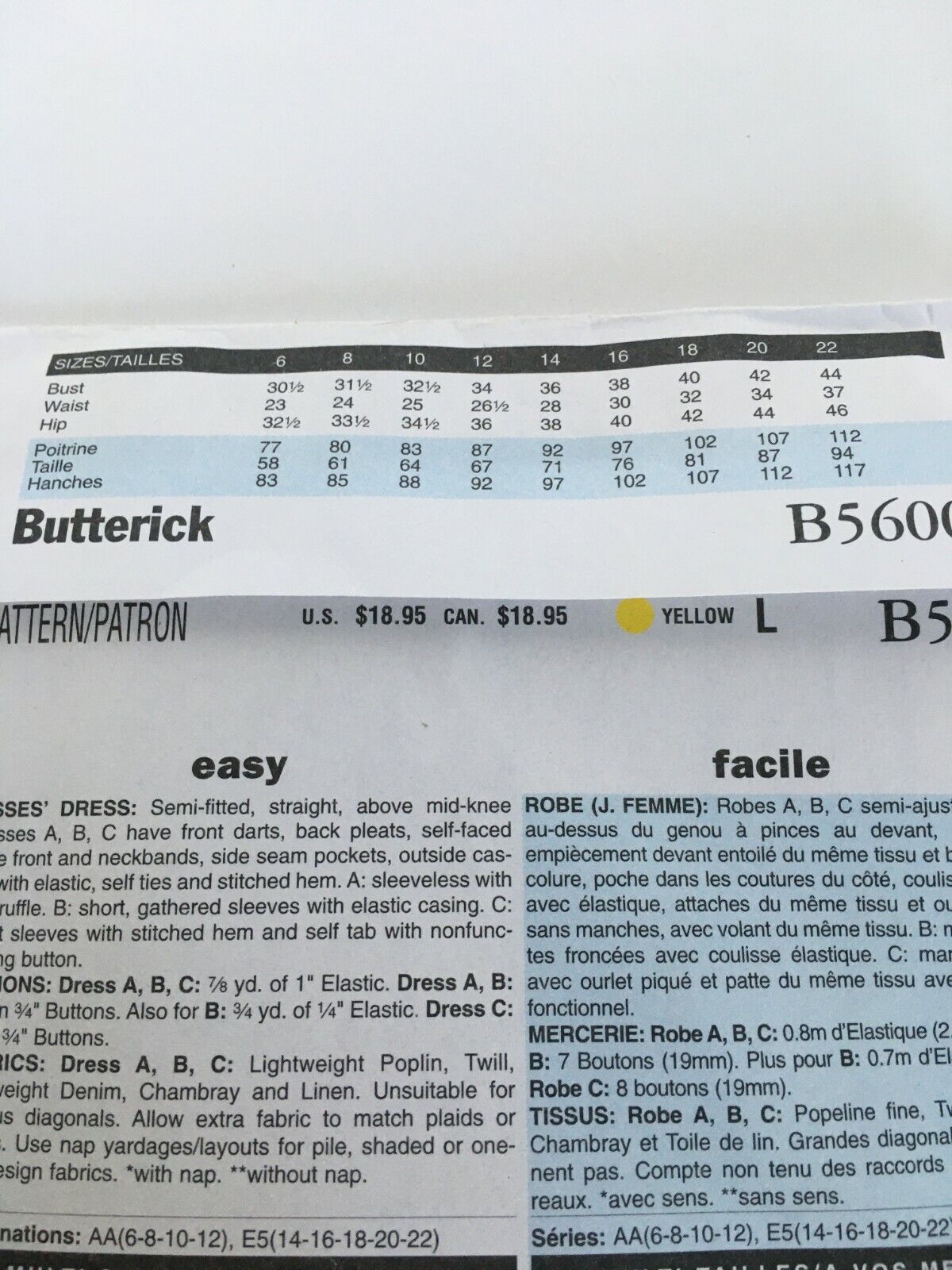 Butterick Sewing Pattern B5600 Utility Shirt-Dress Dress 6-12 Easy Ruffle Uncut