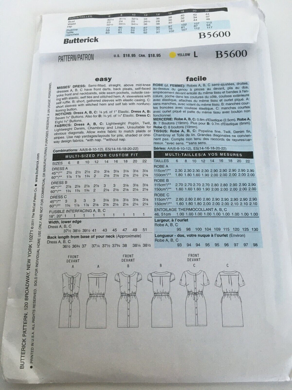 Butterick Sewing Pattern B5600 Utility Shirt-Dress Dress 6-12 Easy Ruffle Uncut