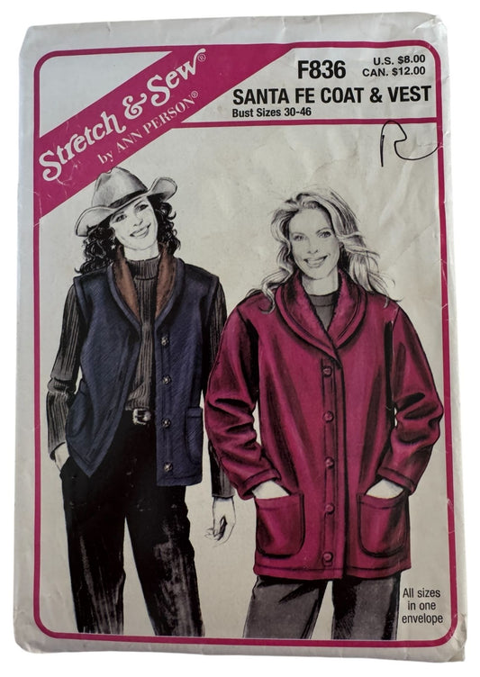 Stretch and Sew Sewing Pattern F836 Santa Fe Coat Vest Fleece Jacket  Bust 30-46