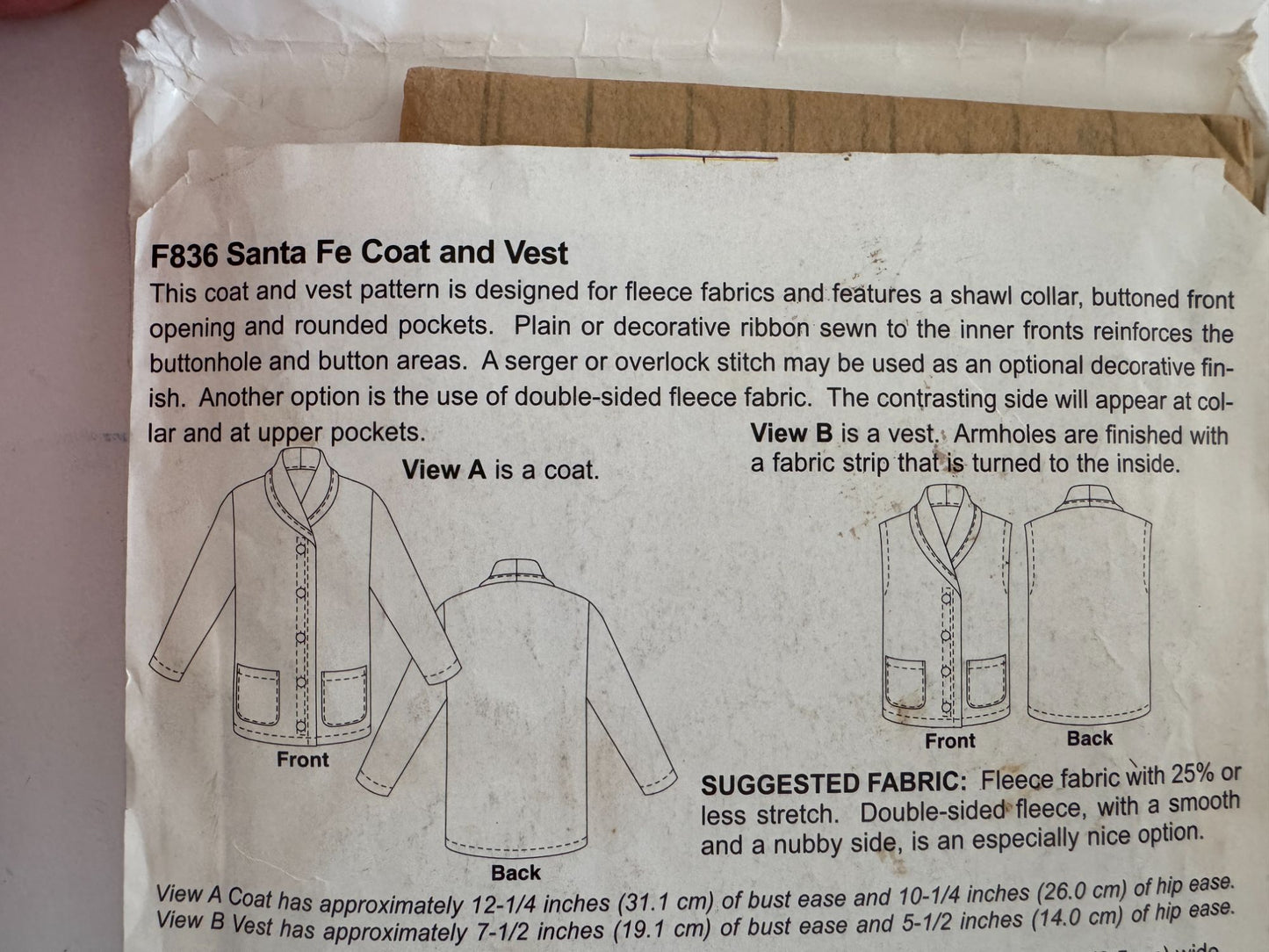 Stretch and Sew Sewing Pattern F836 Santa Fe Coat Vest Fleece Jacket  Bust 30-46
