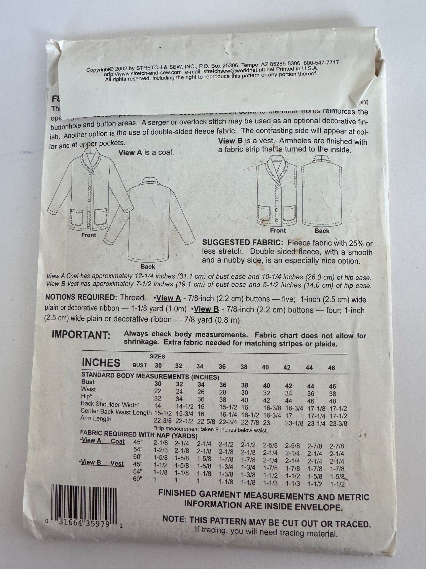 Stretch and Sew Sewing Pattern F836 Santa Fe Coat Vest Fleece Jacket  Bust 30-46