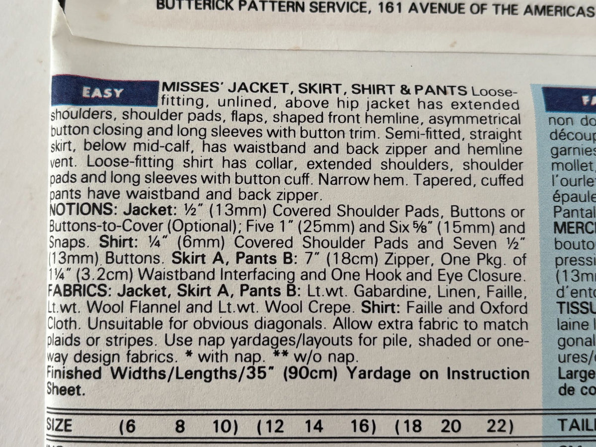 Butterick Sewing Pattern 6409 Uncut 90s Power Suit Jacket Skirt Top Pants 6 8 10