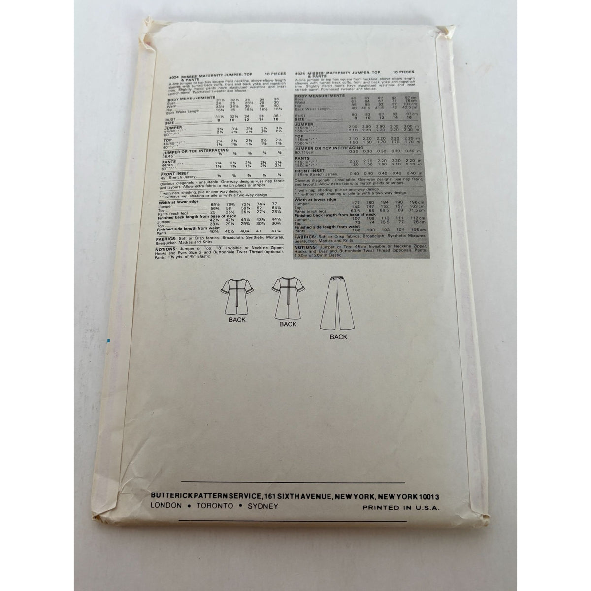 Butterick Sewing Pattern 4024 Maternity Jumper Square Neck 14 Vintage Easy Uncut
