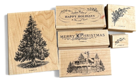 Stampin Up Rubber Stamp Set Merry Christmas Lodge Card Making Words Birds Tree