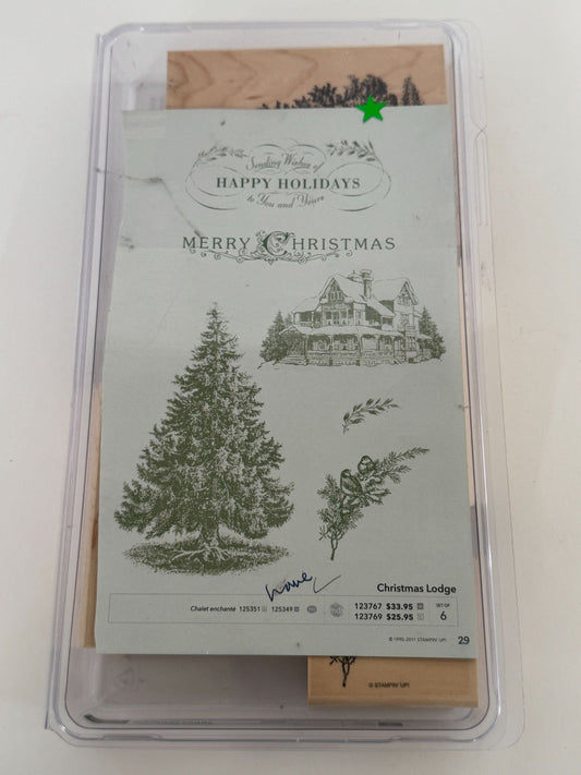 Stampin Up Rubber Stamp Set Merry Christmas Lodge Card Making Words Birds Tree