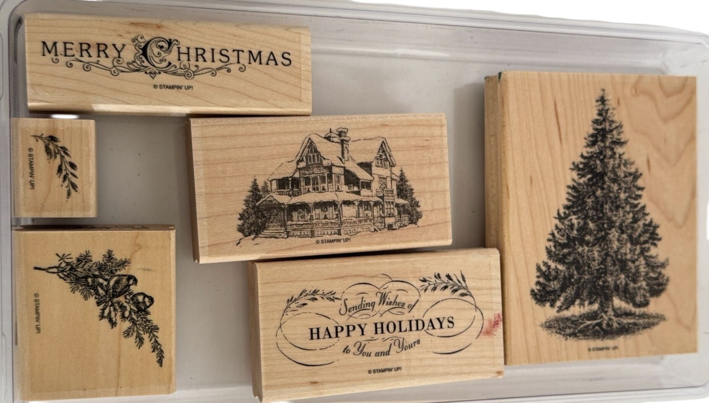 Stampin Up Rubber Stamp Set Merry Christmas Lodge Card Making Words Birds Tree