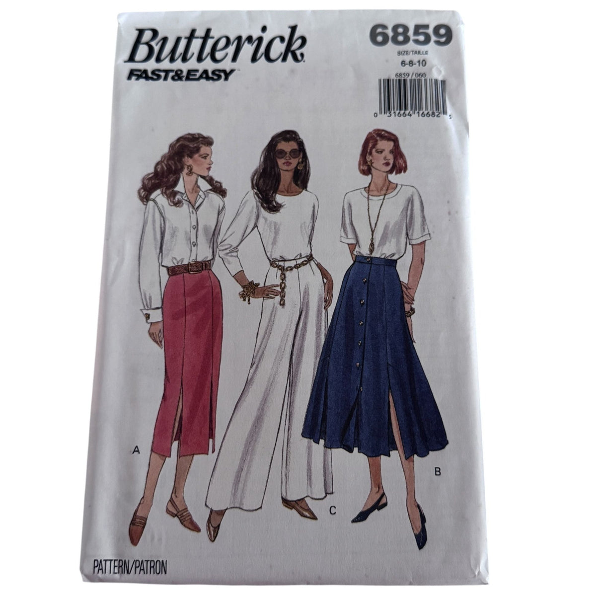 Butterick Sewing Pattern 6859 Midi Skirt Wide Leg Pants 1990s Easy 6-10 Uncut Minimalist Classic