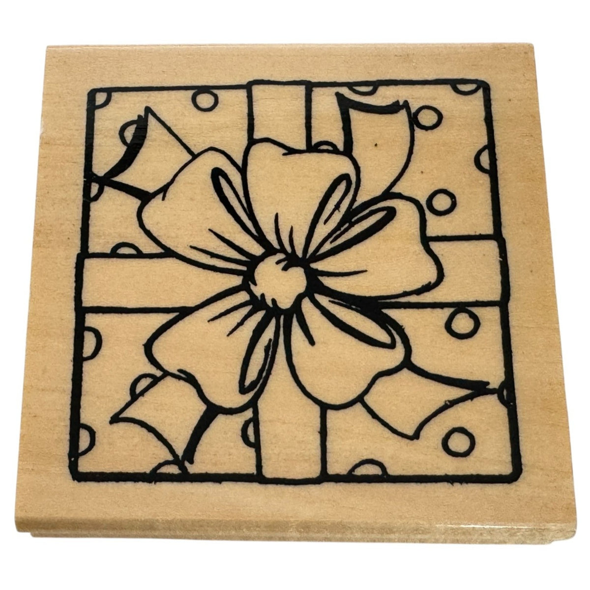 Anitas Wood Mounted Rubber Stamp Gift Box Bow Square Christmas Ribbon Polka Dots