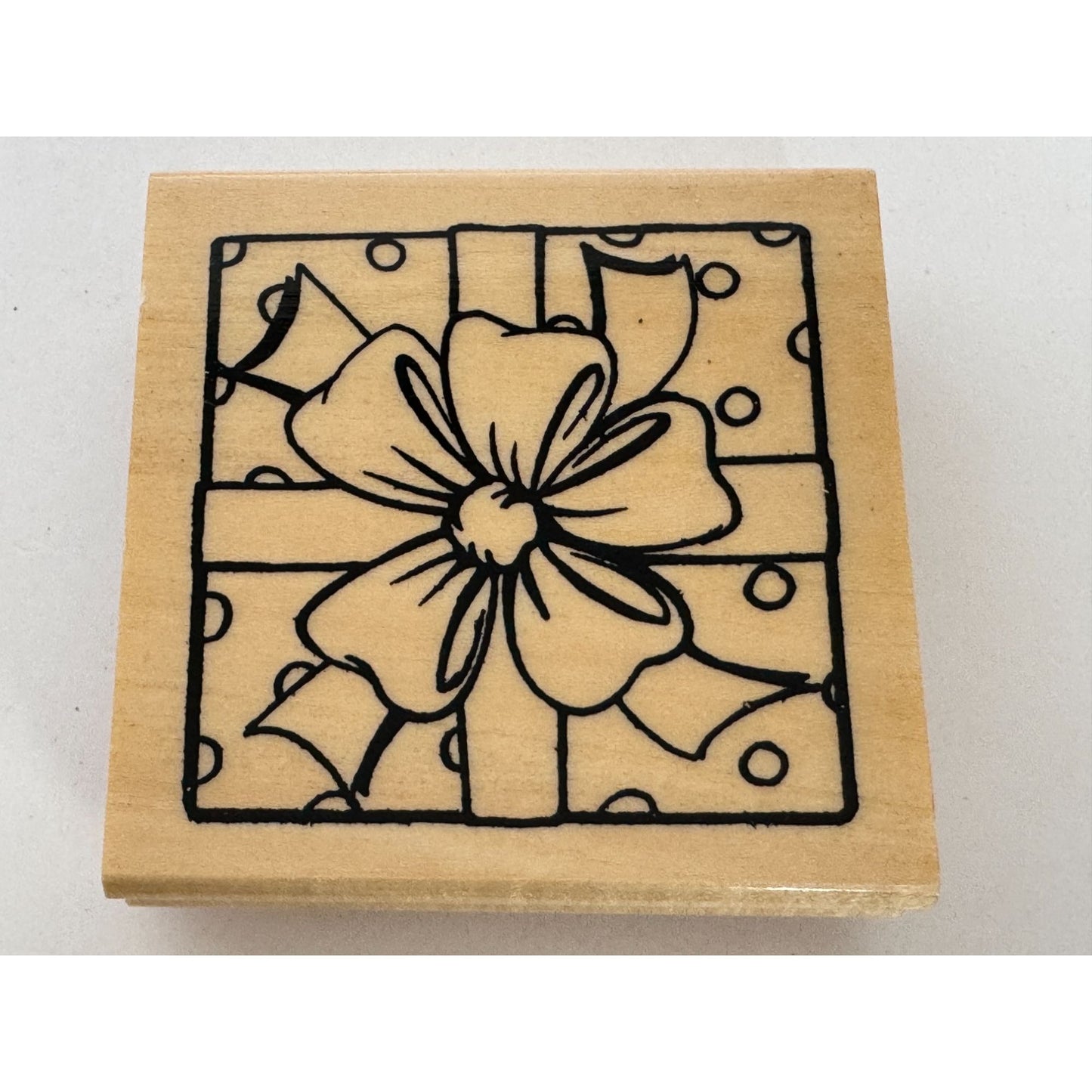 Anitas Wood Mounted Rubber Stamp Gift Box Bow Square Christmas Ribbon Polka Dots