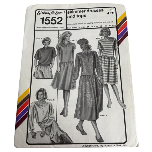 Stretch and Sew Sewing Pattern 1552 Skimmer Dresses Tops 1990 UC Bust 30-46 inch