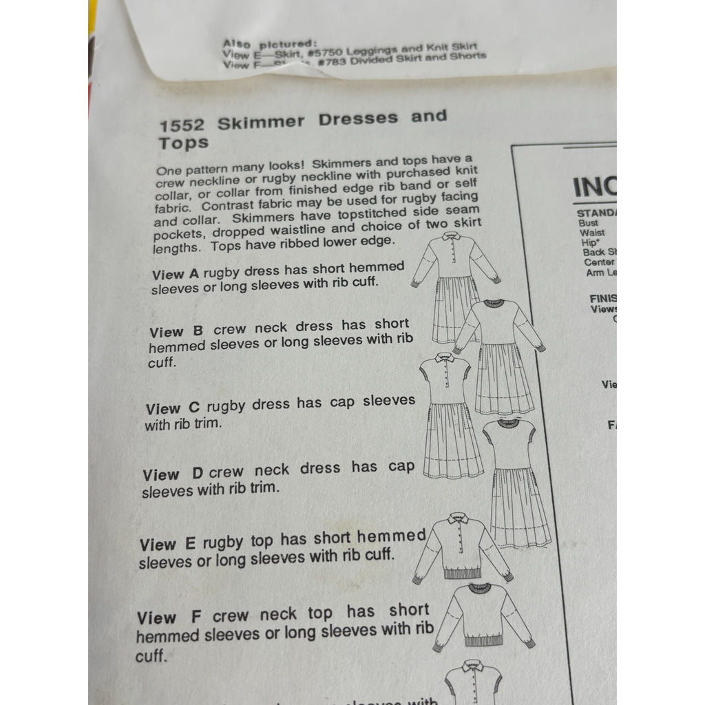 Stretch and Sew Sewing Pattern 1552 Skimmer Dresses Tops 1990 UC Bust 30-46 inch