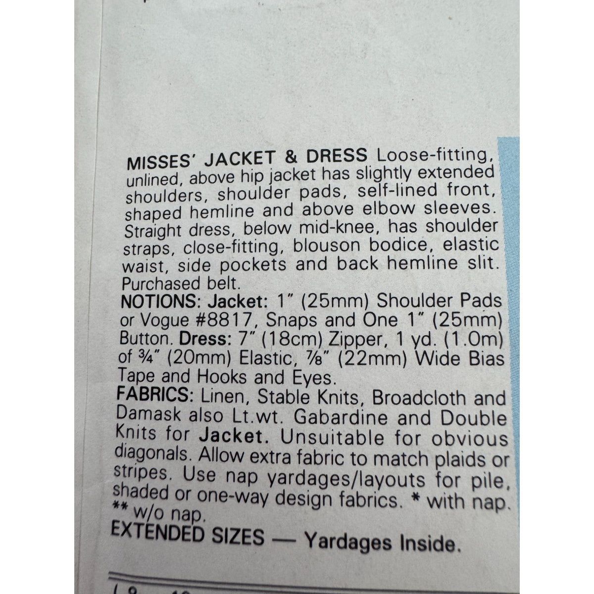 Vogue Sewing Pattern 9632 Misses Jacket Straight Dress 1980s Vintage 8 10 12 UC