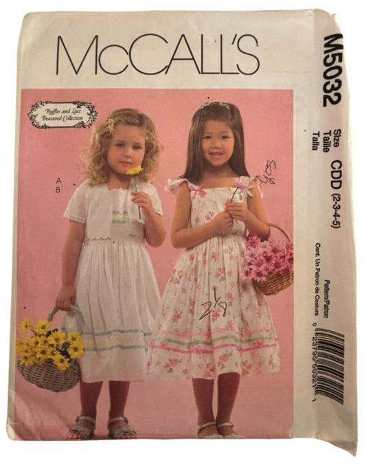 McCalls Sewing Pattern M5032 Girls Dress Jacket 2-5 Ruffles Lace Vintage Style