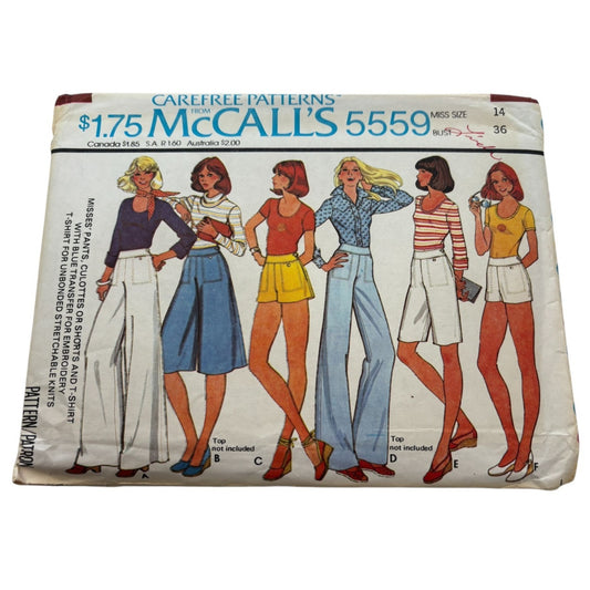 McCalls Sewing Pattern 5559 Pants Culottes T-Shirt Outfit Sz 14 Vintage 1970s UC